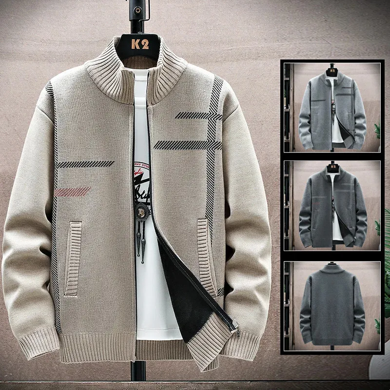 

Мужской повседневный вязаный кардиган-свитер с воротником-стойкой, утепленный, из плюшевой ткани, модный, универсальный, теплый, осенне-зимний