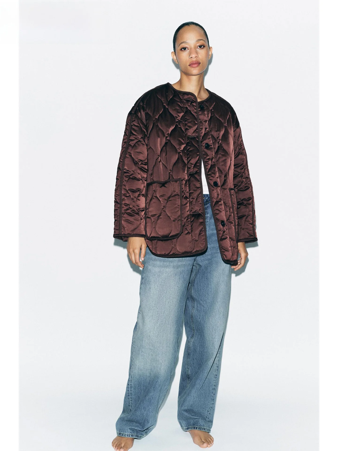 

ZAPRHA 2022, осенняя новинка, универсальная шелковая атласная верхняя одежда Long Sve round Ne Cotton Jaet 4088045, женская повседневная свободная посадка