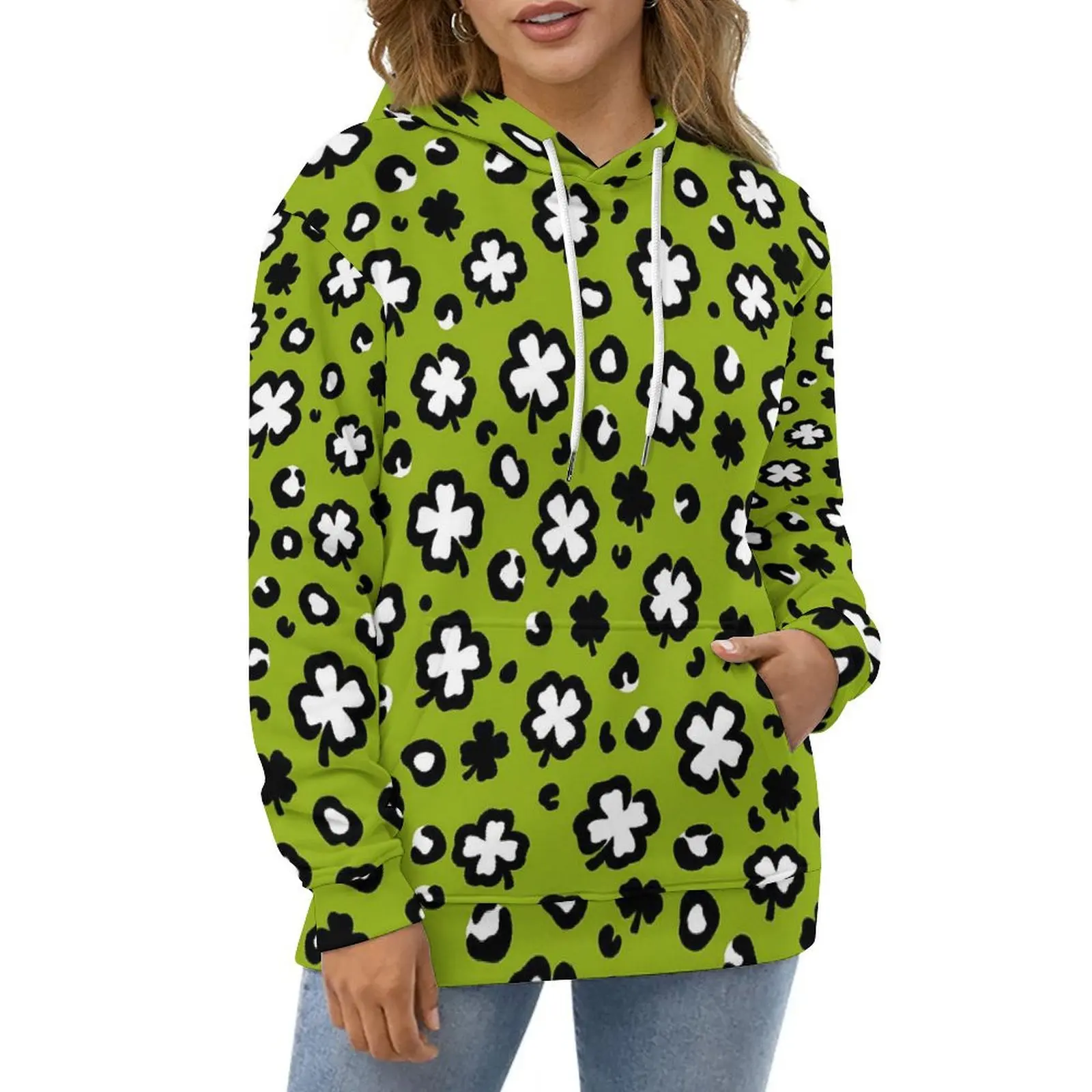 Shamrock Leopard Hoodies Long-Sleeve St Paddy's Day Casual Pullover Hoodie Autumn Harajuku Oversized Loose Hooded Sweatshirts