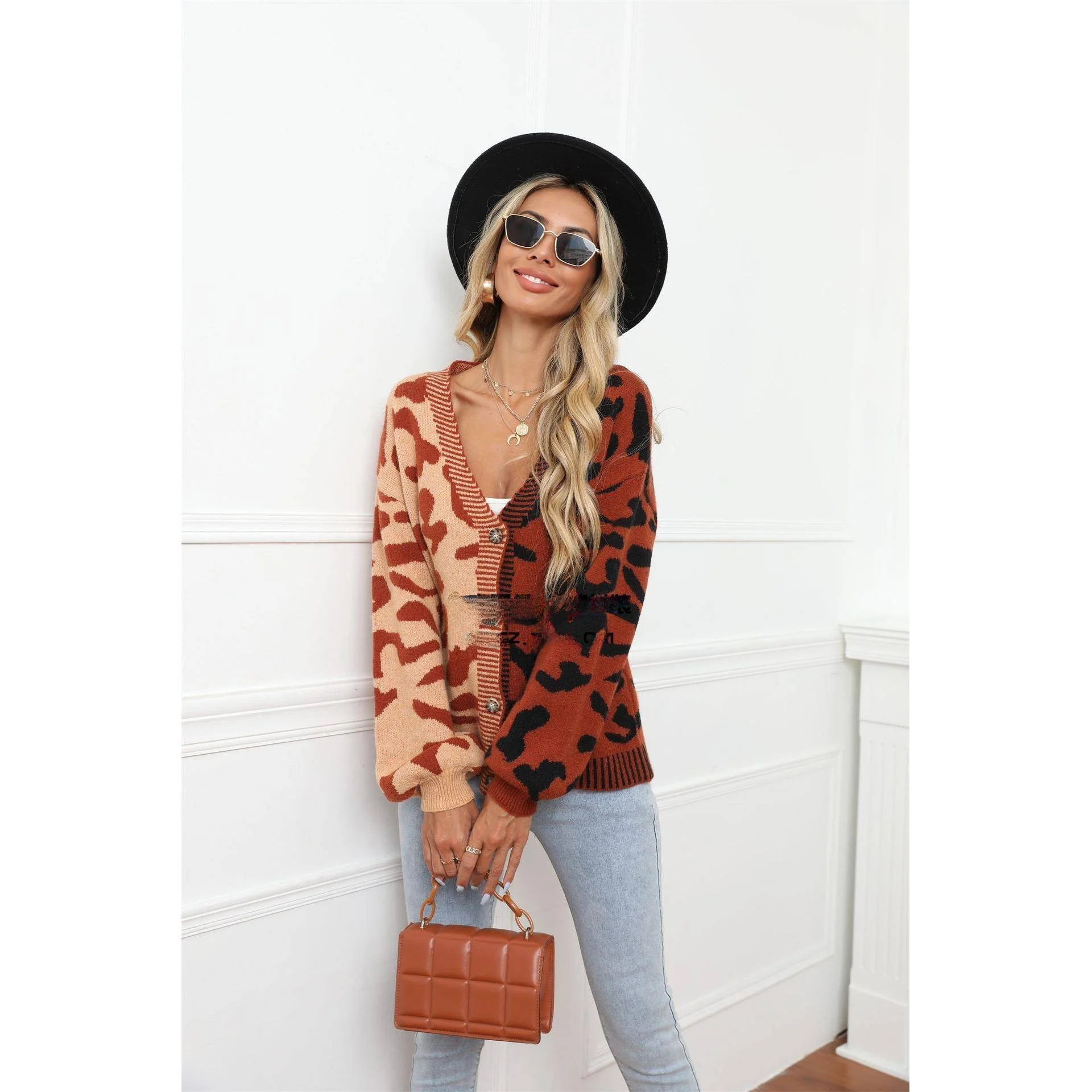 Zimowy sweter-płaszcz z dzianiny w panterkę dla kobiet, zapinany na guziki, casualowa odzież wierzchnia, ażurowy sweter typu lantern.