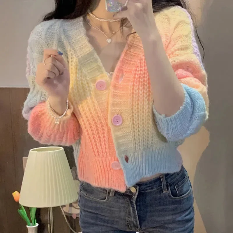 

Korean Style Gradient Rainbow Sweater Women Spring Autumn 2023 Cropped Cardigans Woman Sweet V-Neck Twist Knitted Jacket Mujer