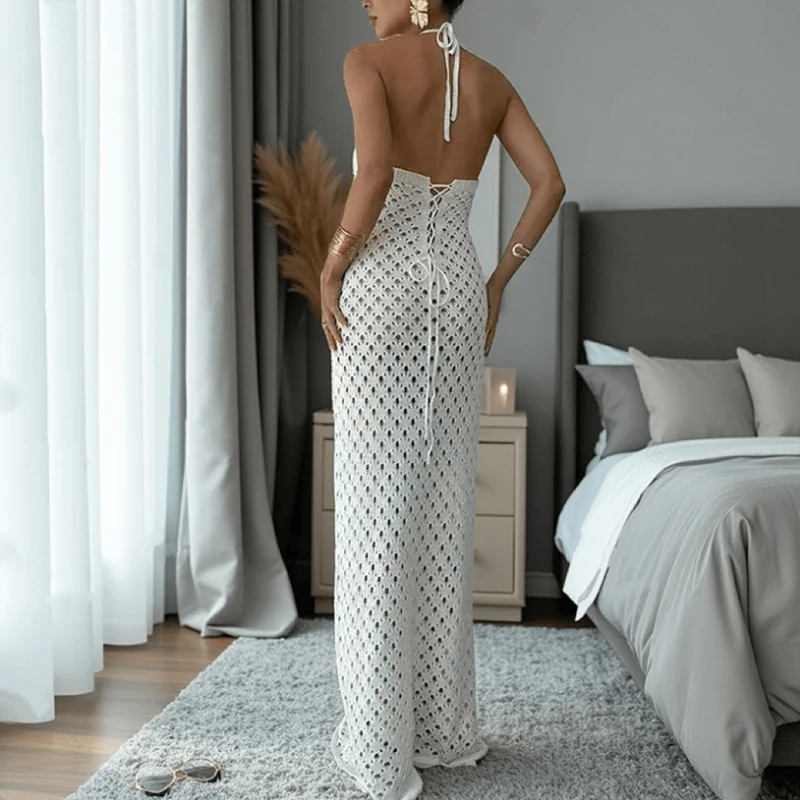 新しいファッションの夏のビーチバケーションウェア、ニットの透かし彫りノースリーブドレス、セクシーなスリムフィットビキニカバーアップ