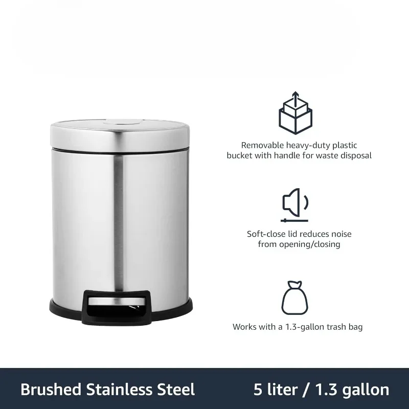 Round Cylindrical Soft-Close Small Trash Can With Foot Pedal for Bathroom and small space, 5 Liter/1.3 Gallon