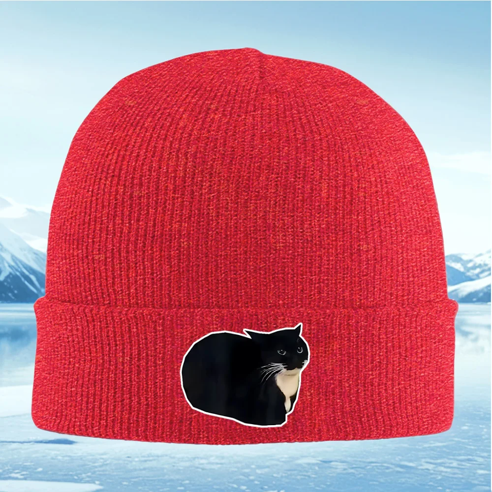 أبيض وأسود القط التوضيح يجلس الرجال النساء للجنسين محبوك قبعة قبعة صوفية قبعة الشتاء الحرارية الدافئة عيد الميلاد في الهواء الطلق
