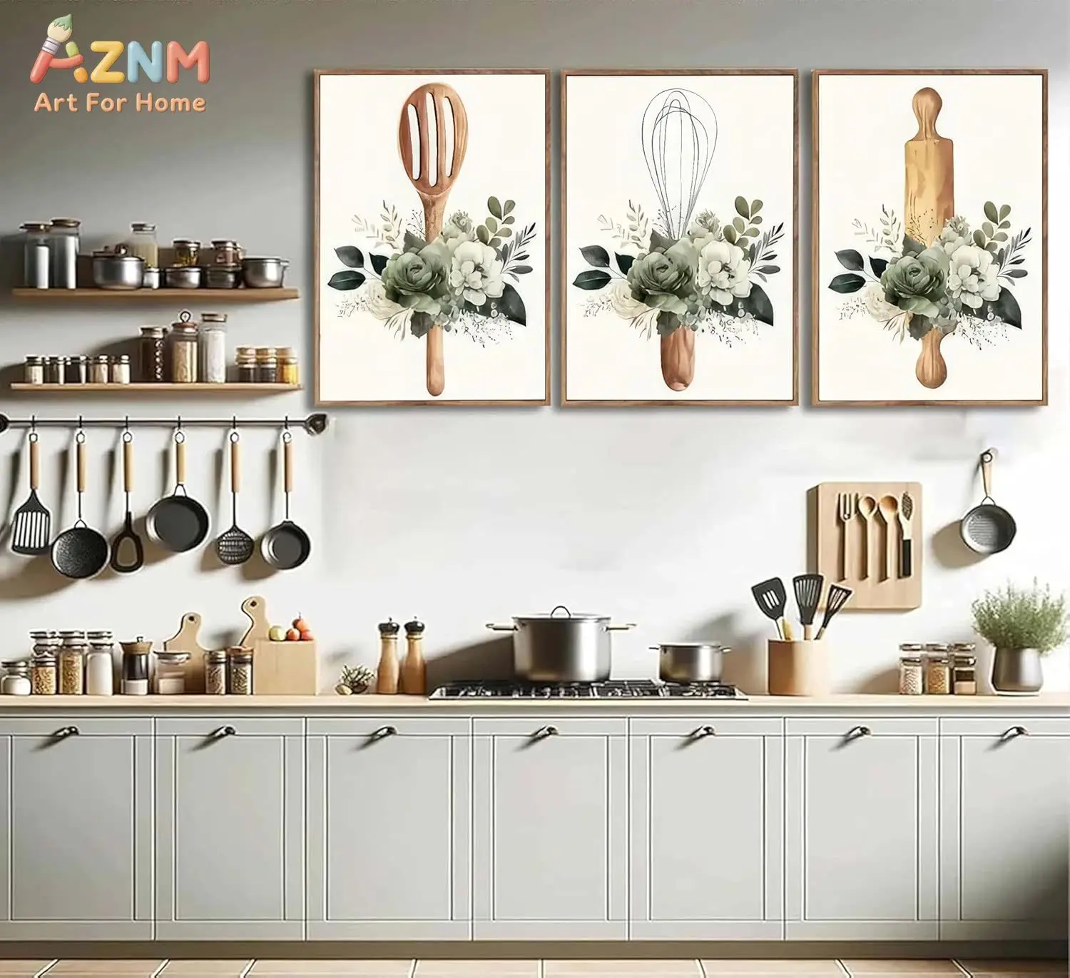 AZNM Kitchen Utensils Floral Canvas Wall Art Sage Green Botanical Print Farmhouse Home Decor