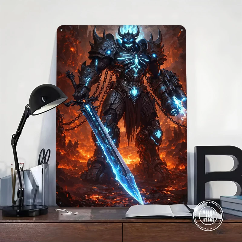 Demonic Warrior With Fiery Background Tin Poster Customized Wall Art Retro Vintage Metal Signs for Fans Room Bedroom Decorations