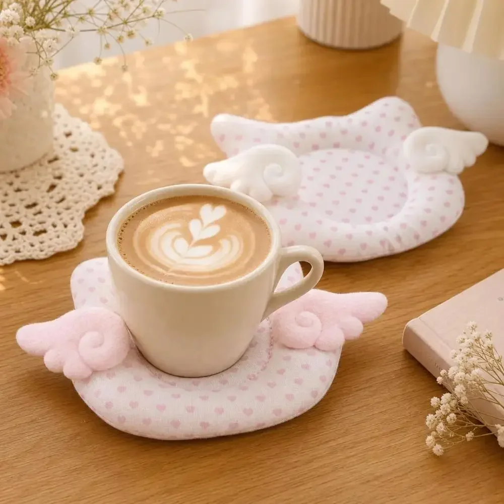 Heart Print Cute Cartoon Cat Coasters Thicken Angel Wings Decoration Cup Mat Portable Non-slip Insulated Coaster Home Decoration