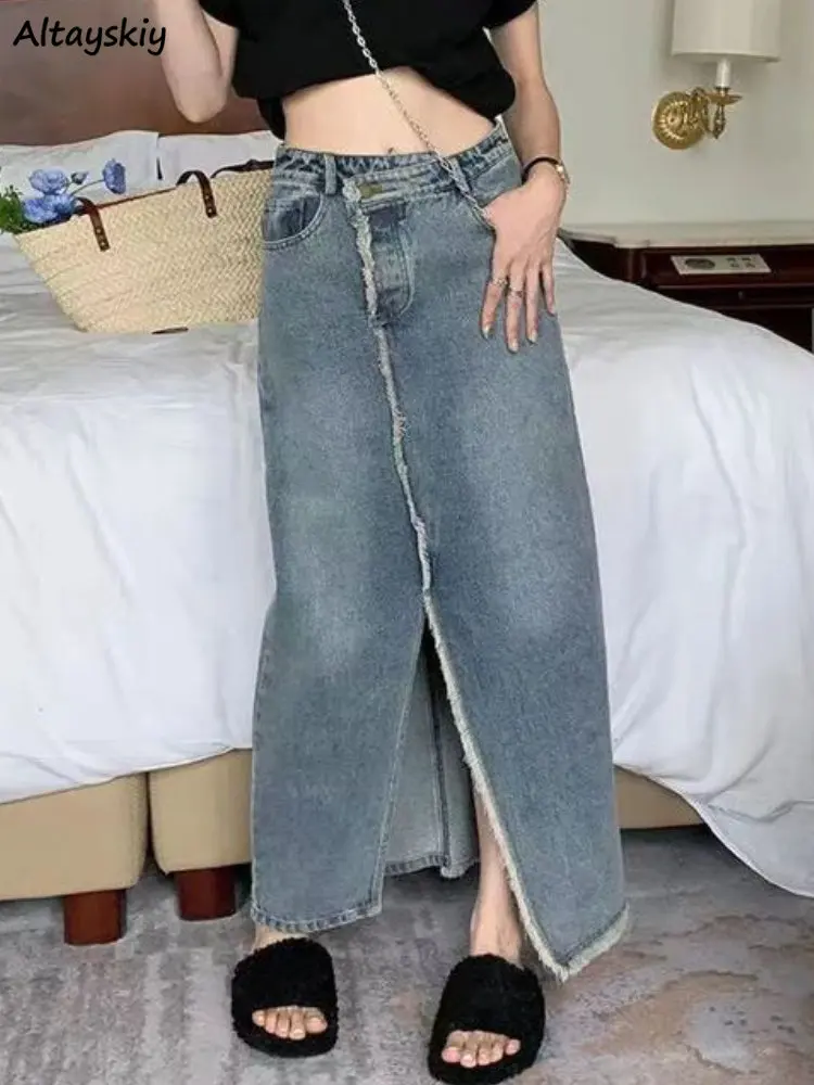 

Maxi Skirts Women Irregular Chic Loose Denim Casual Hotsweet Slit Vintage Fashion Korean Style All-match Tender Spring Females