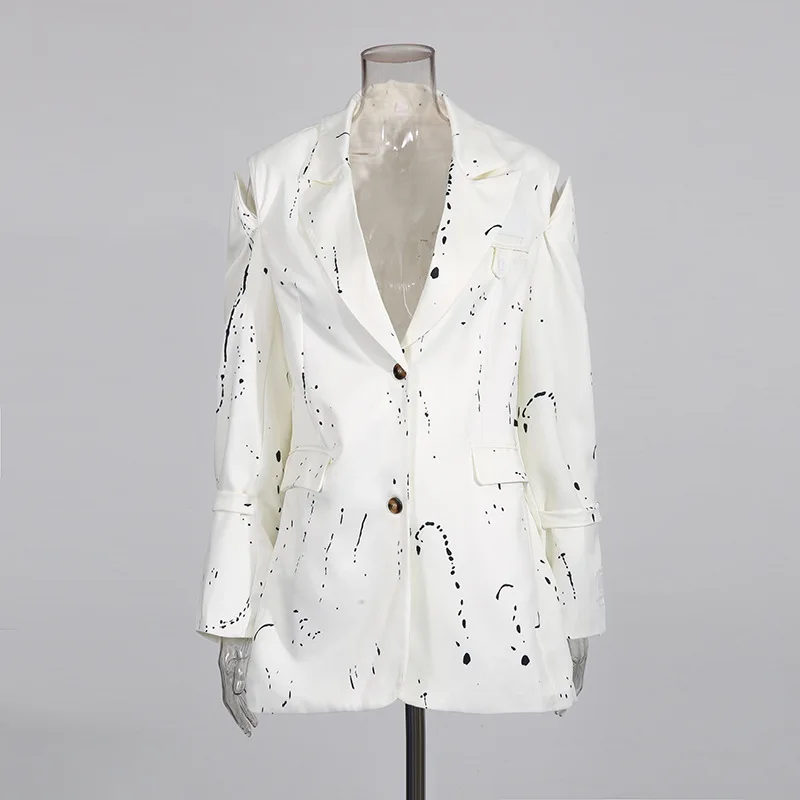 Autumn White Women Suit 1 Piece Blazer Sexy V Neck Split Sleeve Jacket Formal Office Lady Wedding Guest Birthday Printed Coat