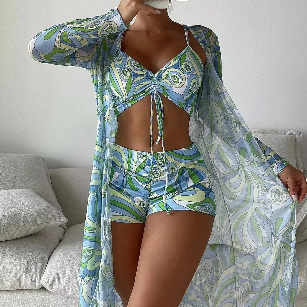 Summer Print Sexy Bikinis Swimwear Female Swimsuit Beachwear Push Up Three-Piece Bikini Set Women Swimming Bathing Suit
