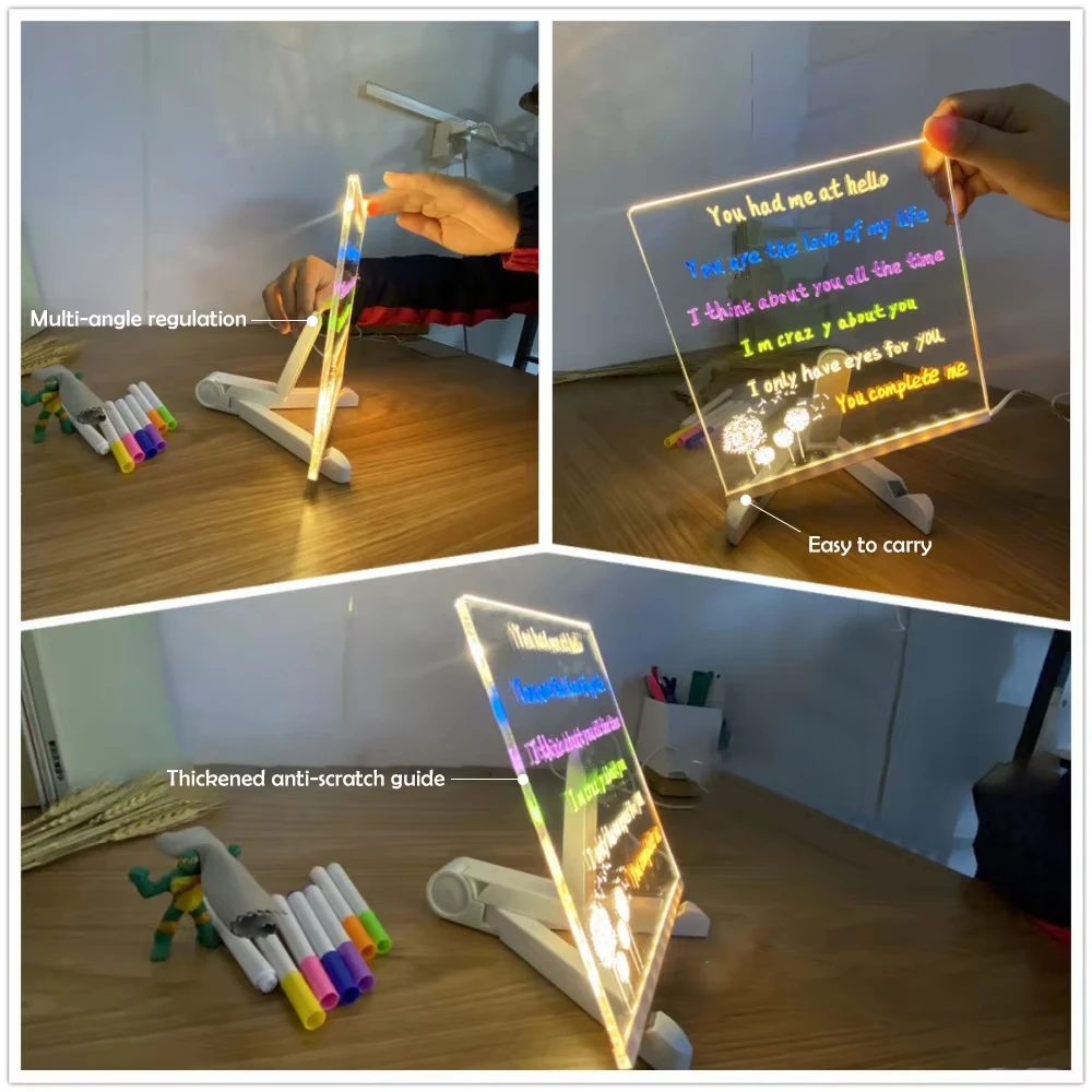 โปร่งใสส่องสว่างไฟ LED กลางคืน DIY USB Luminous อะคริลิค Night Light Erasable เขียนข้อความปฏิทินเดสก์ท็อป Ornamen