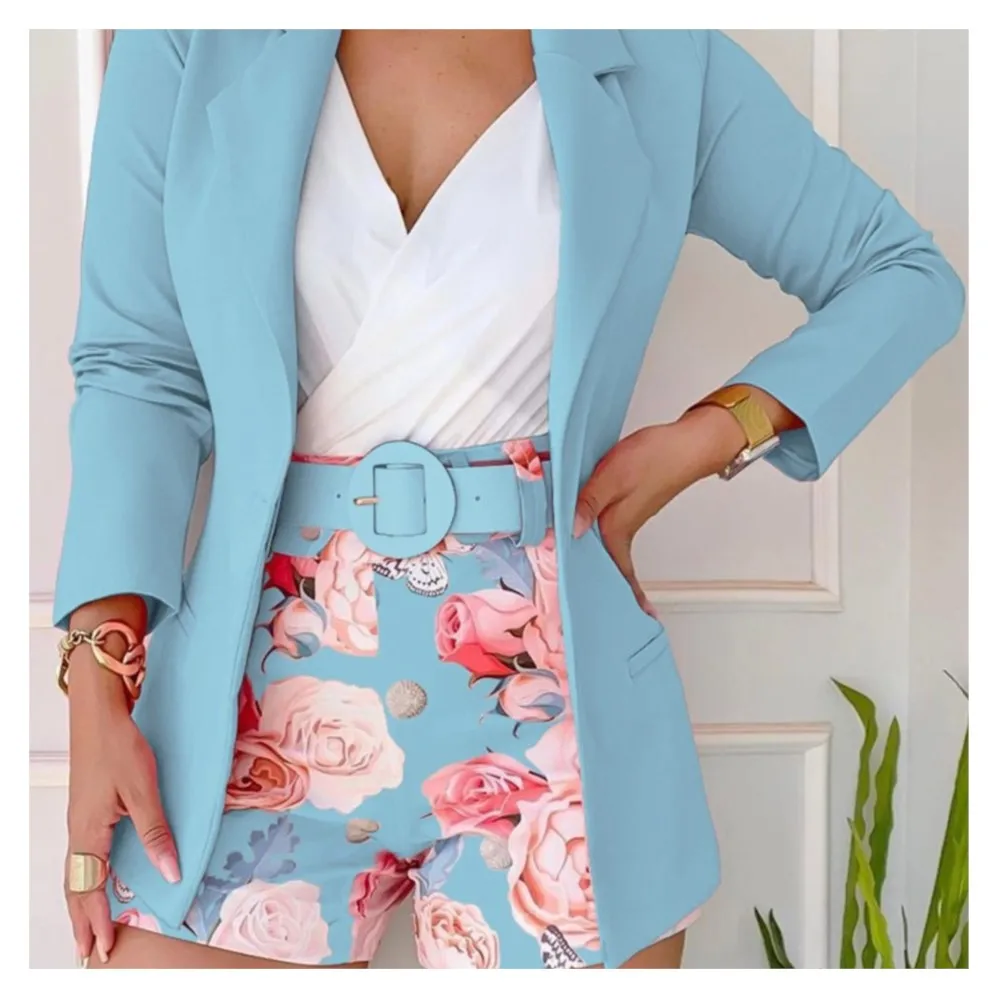 Spring Summer New Fashion Casual Print Suit Women Fashion Slim Elegant Simple Female Office Two Sets (including Belt) 2023