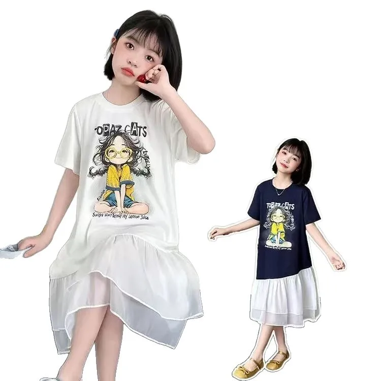 Girls Mesh Spliced Color-Block Princess Dress – T-Shirt Style Casual Summer Gown,Daily Wear & Party, Toddler Kids Outfit 4