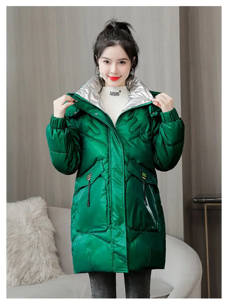 2026 Winter New Gloss Cotton Jacket Women's Medium to Long Korean Loose Coat Lady Thick Hooded Coats Female Warm Parker Overcoat