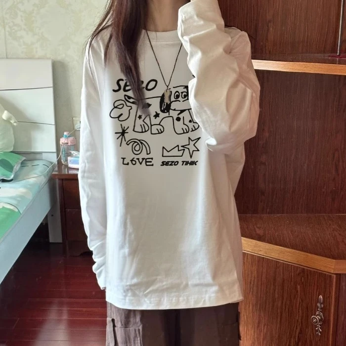

autumn pure cotton oversized t-shirts harajuku graphic print T Shirt Women Pullover youth tshirt long sleeve y2k Tops streetwear
