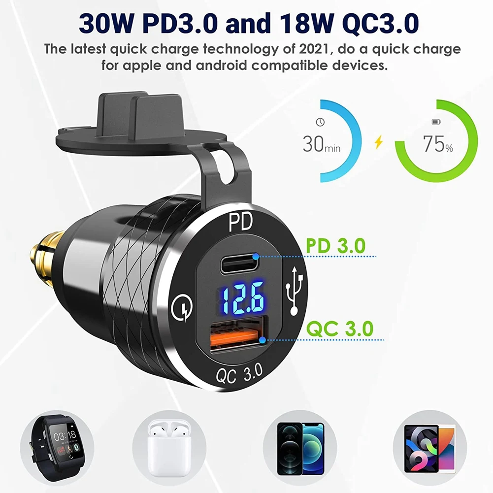 PD 3.0 Type C USB Fast Din To USB And 18W QC 3.0 Power Outlet With Voltmeter For 12V-24V Ducati BMW Motorcycle-T61C