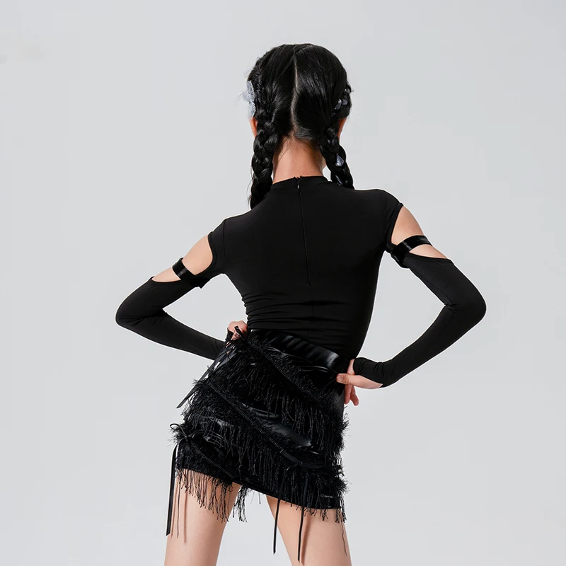 2024 Latin Dance Practice Costume Girl's Black Long Sleeve Tops Tassel Skirt Set Samba Performance Clothes Stage Costume XH1596