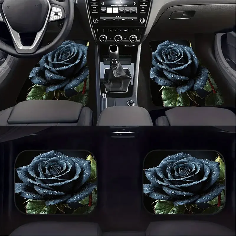 4pcs Universal Fit Car Floor Mats Set - Blue Rose Pattern Crystal Velvet Anti-Slip Mats, Easy Clean Auto Interior Accessories Fo