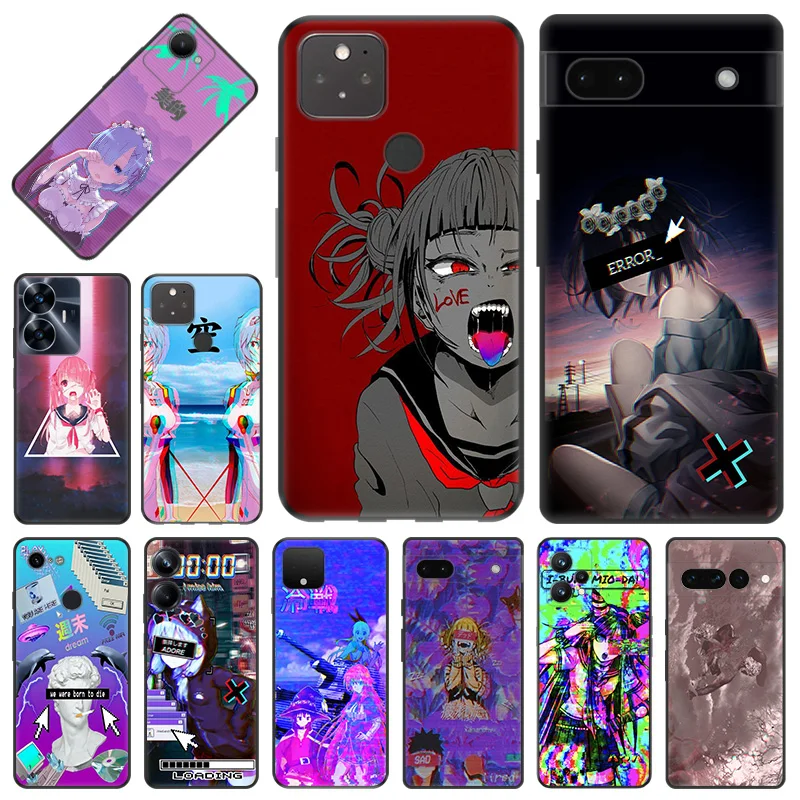 Phone Case for Pixel 8 Pro 8a 7a 6a 7 6 Motorola G200 Edge 40 30 20 One Fusion Vaporwave Girl Anime Soft Black Anti-Drop Cover