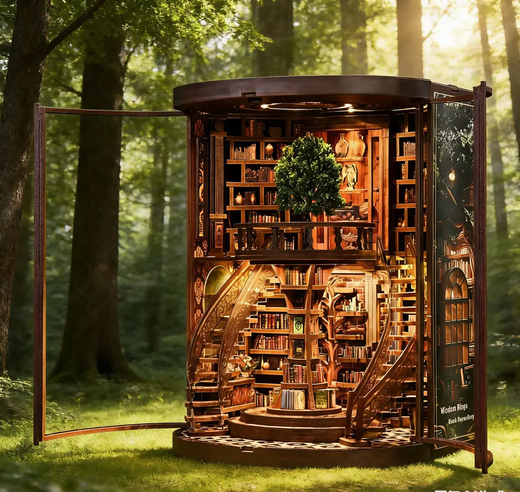 Nowość: Zestaw DIY Wisdom Ring Book Nook - Drewniany model biblioteki 3D, ręcznie robiona scena z podpórką na książki i kreatywna zabawka konstrukcyjna