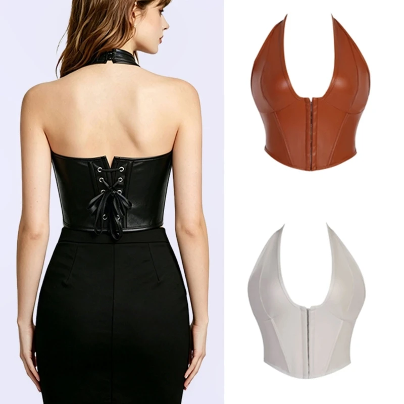 

Women's Halter Corset Top Faux Leather Bustier with Waist Cincher Elegant Strapless Bustier Top for Party Clubwear 6XDA