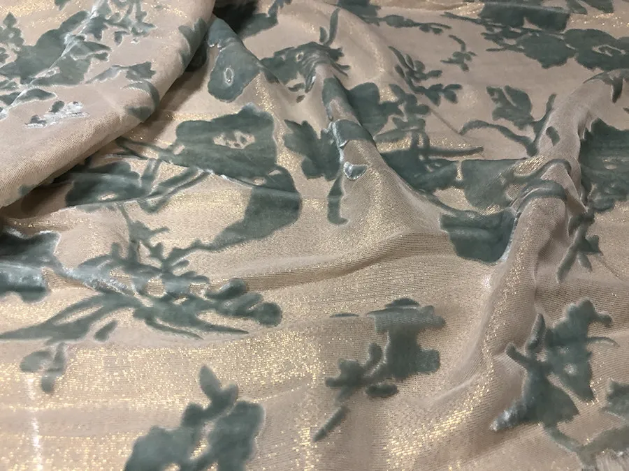 Designer Cloth Silk Velvet Fashion Cloth Woven Beige Bottom Lake Green Floral Non-Inverted Velvet Silk Fabric Cheongsam