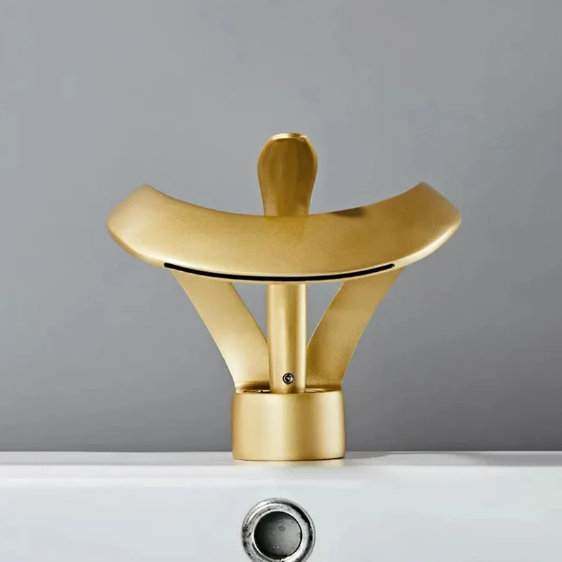 Art deck installed hot and cold faucets brass brushed gold bathroom mixer faucet waterfall basin sink faucet.