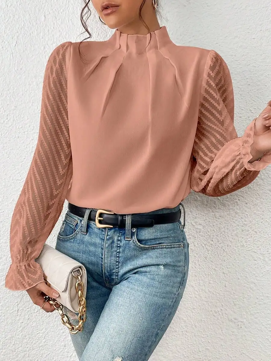 Elegant Ladies Office Shirt Tops Fashion Pleated Lace Long Sleeve T-Shirts Chiffon Shirts Casual Slim Mock Neck Blouse For Women