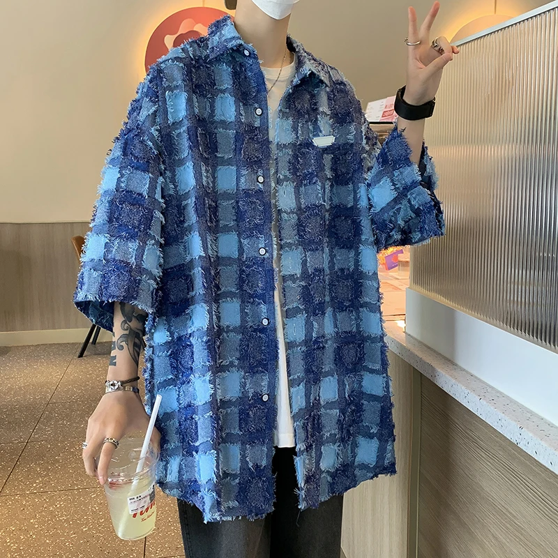 American Style Long Sleeve Shirt Plaid Color Block Youth Fashion Summer Casual Button up Top Men Women Vintage Shirt Coat