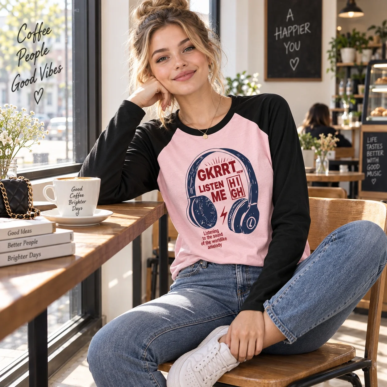Women's Y2k Fashion Print Long-Sleeved T-shirt Spring and Autumn Casual Fun Listening To Music Design Top, Fashion Trendy Items