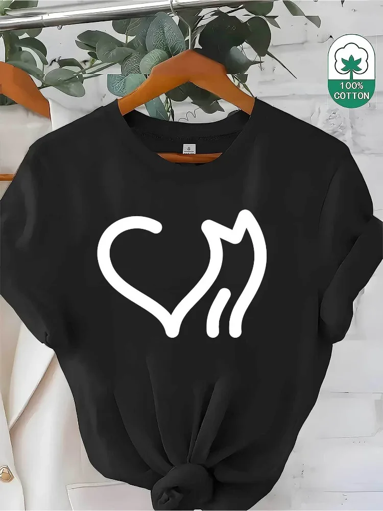 여성용 부드러운 티셔츠 심플한 흑백 고양이 프린트 탑 캐주얼 편안함 일상 착용 여행 친화적 미니멀리스트 스타일
