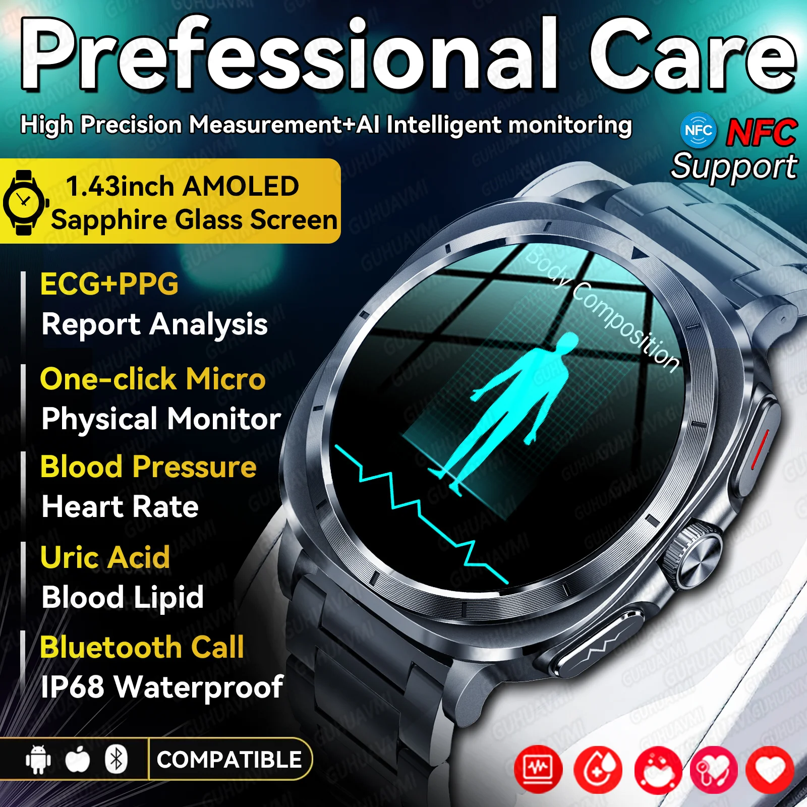 

2025 New ECG+PPG Body Composition Smartwatches Men Precise Uric Acid Lipids Blood Pressure Smart Watch Women BT Call NFC Watches
