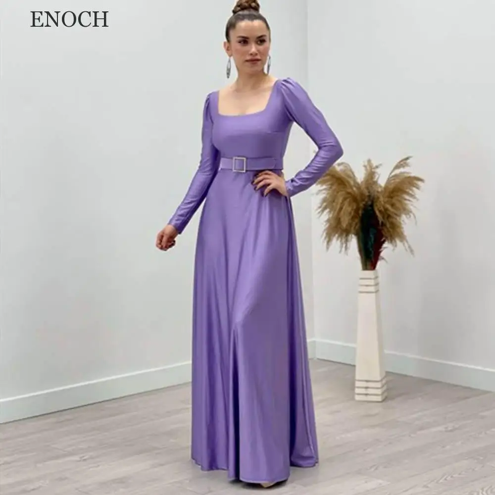 

ENOCH Elegant Square Collar Satin Evening Dresses For Women Long Sleeves Belt Formal Gowns A-Line Vestidos De Gala Custom Made