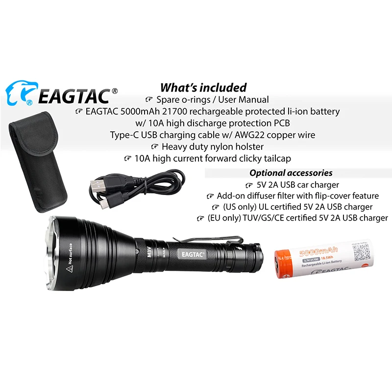 EAGTAC M3V Turbo Head LED Flashlight 3000Lumens Type-C USB Rechargeable 956 Yards Long Throw for Hunting SOS Strobe