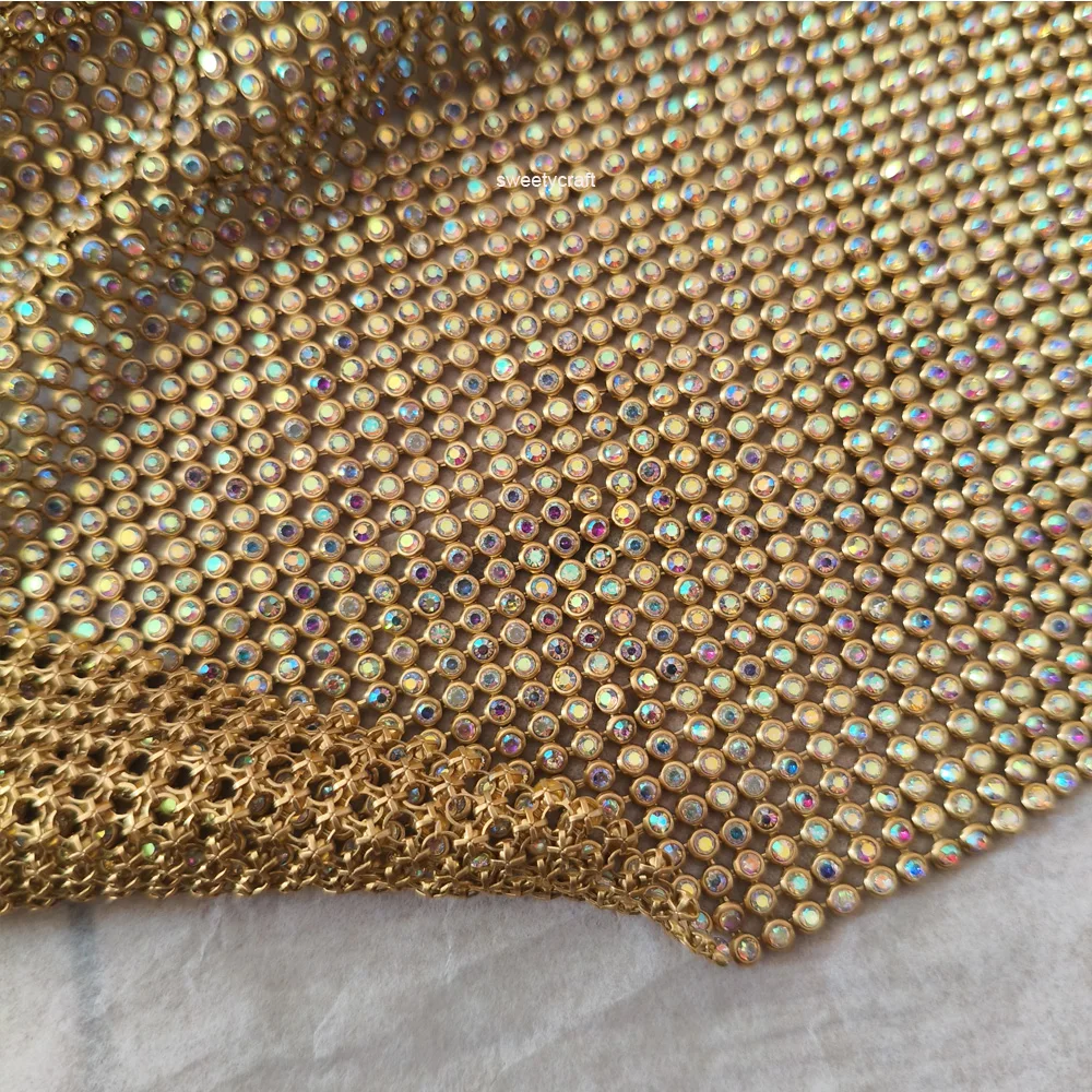 

45*120cm Gold AB Rhinestone metal mesh fabric Loose Rhinestones Crystal metallic cloth DIY Kendall Dress garment,evening bag