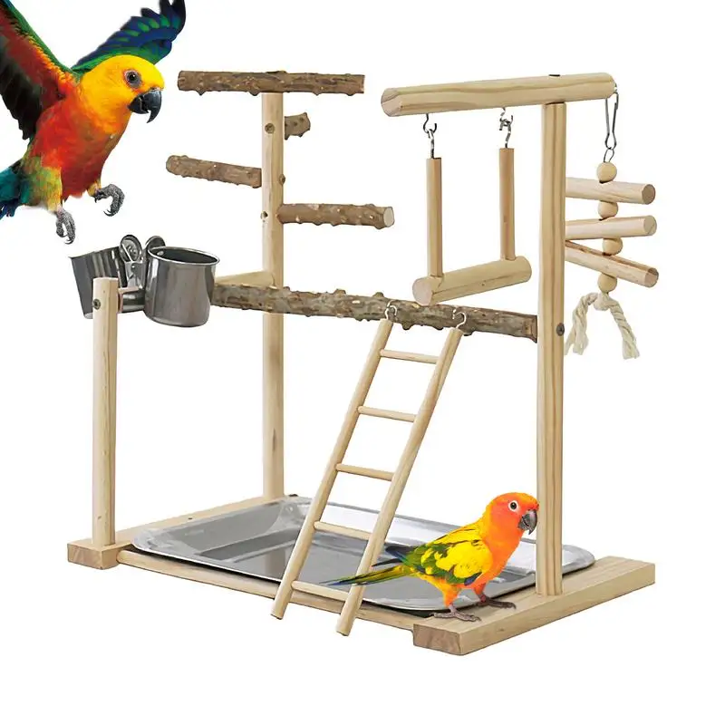 Bird Play Stand Swing Climbing Ladder With Tray And Cups Bird Perches Exercise Play Gym Bird Toys For Cockatiel Parakeet