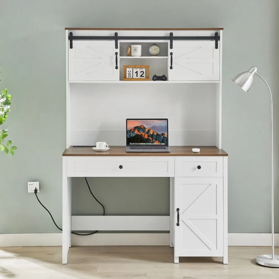 

52 Farmhouse Executive Desk with Drawers Wood Home Office Desk w Charging Station File Drawer Storage Cabinet Rustic Computer W