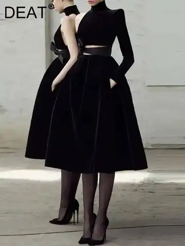 DEAT Elegant Dress Stand Collar Asymmetrical Long Sleeve Lace-up Waist Women's Evening Party Dresses 2026 Winter New Tide 35Z926