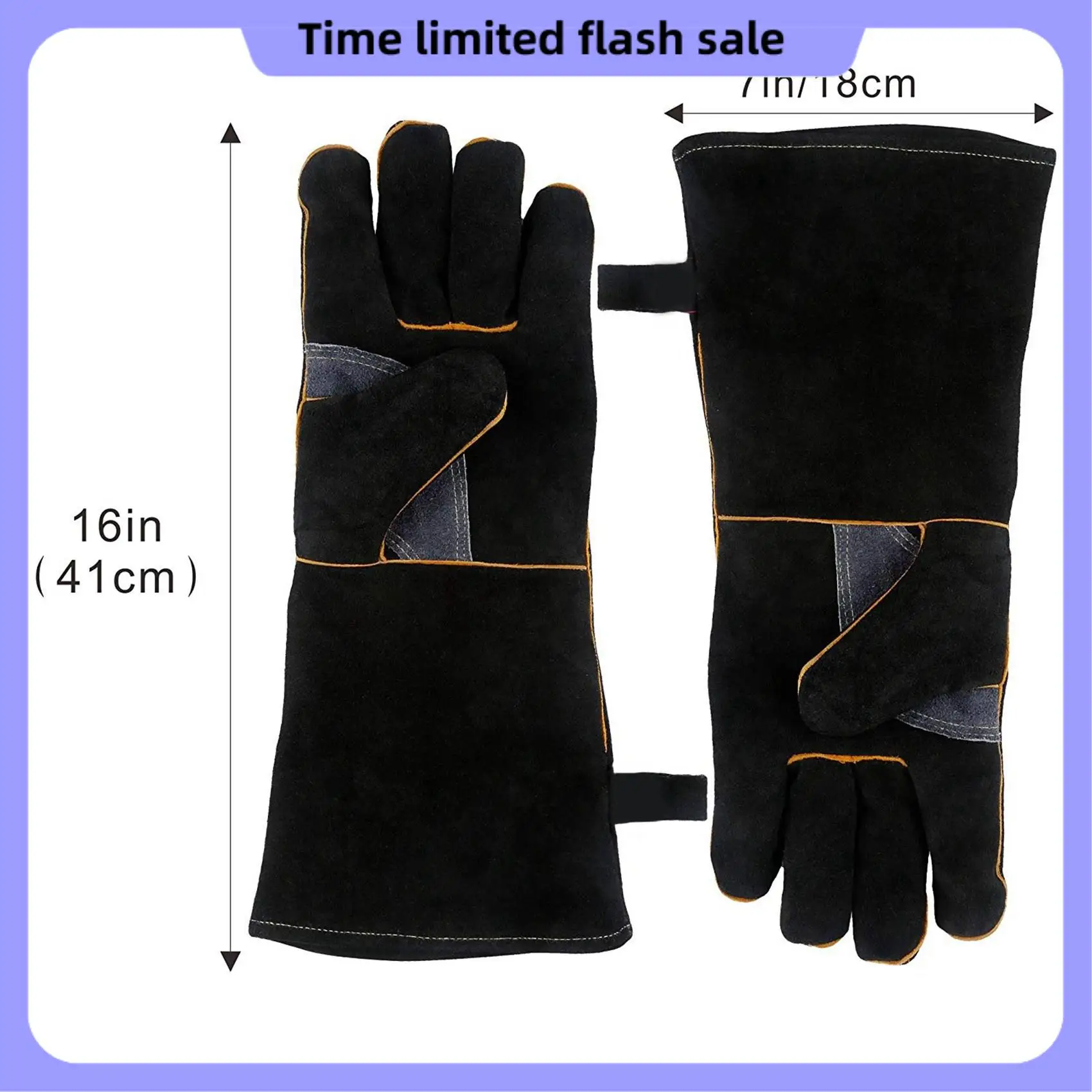 A40T 2 زوج قفازات جلدية مقاومة للحرارة والحريق مع خياطة، قفازات مثالية باللون الأسود 16 بوصة و14 بوصة