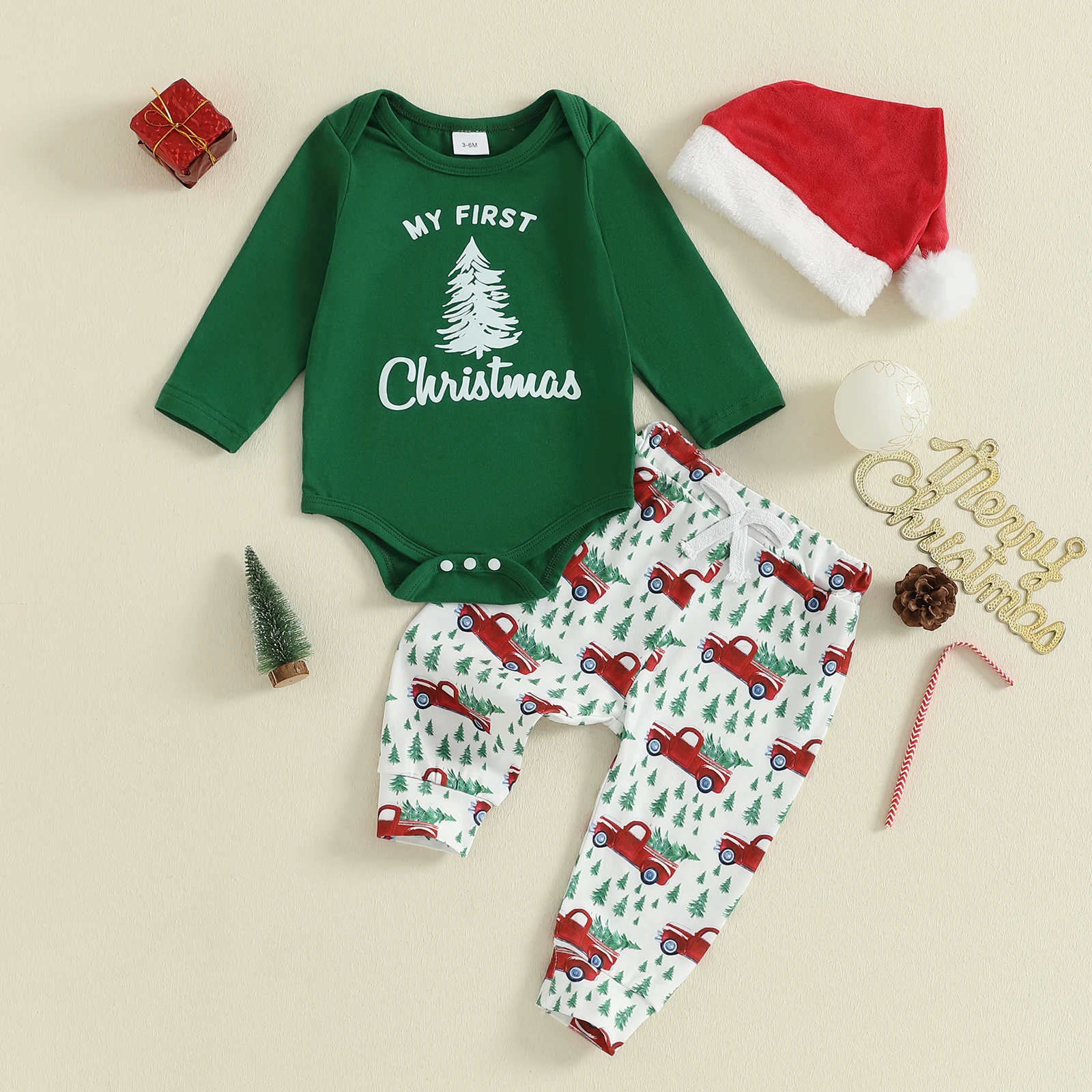 Baby Boy Christmas Clothes Letter Tree Print Long Sleeve Romper Truck Pattern Long Pants and Hat 3Pcs Outfit
