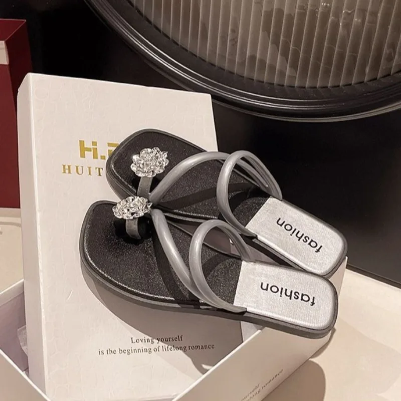 Versatile Women's Sandals Summer Flower Diamond Design Soft Sole Fashionable Outdoor Toe Post Style Ideal Pairing Skirts