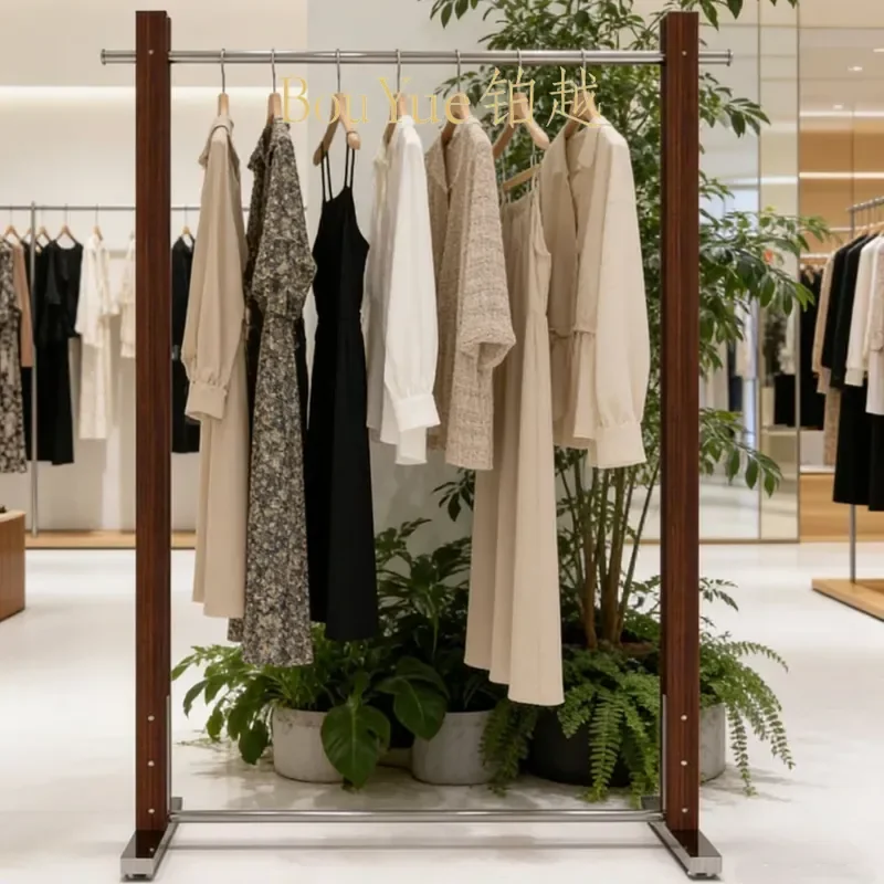Walnut Stainless Steel Floor to Ceiling Display Rack Middle Island Clothing Hanger for Women Store Antique Style Garment