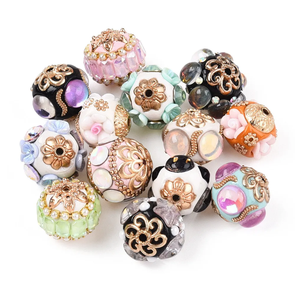 5Pcs Handmade Indonesia Beads Rondelle with Flower Bead with Alloy Findings & Resin for DIY Jewelry Making Handicrafts Supplies