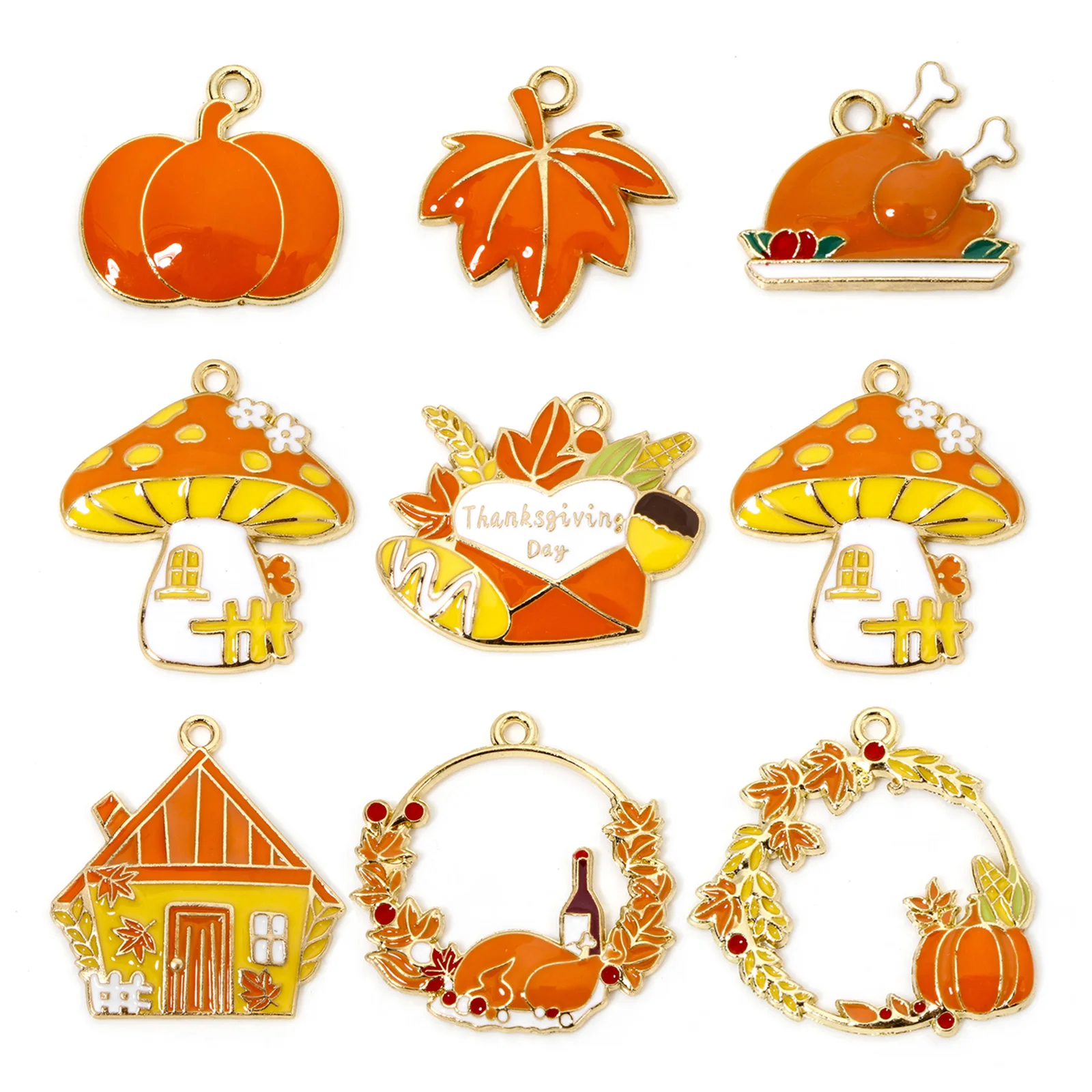 10pcs Cartoon Thanksgiving Day Charms Gold Color Geometric Mushroom Maple Leaf Orange Enamel Pendants DIY Necklace Women Jewelry