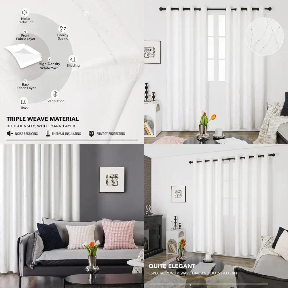 

Белые шторы, затемняющие шторы для комнаты, термоизолированные шторы с шумоподавлением, серебряный принт в горошек волнистых точек, длина 52 x 95 дюймов, Gromm