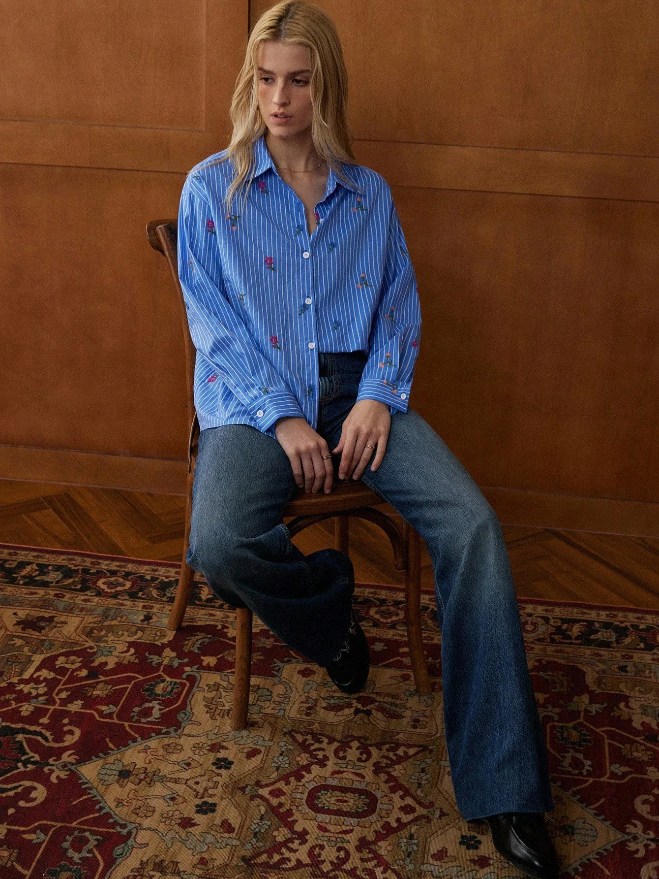 

Loose Striped Embroidered Cotton Long Sleeve Women's Casual Shirt