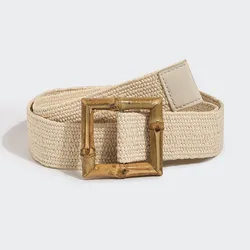 Korean Version of The Summer PP Laffia Grass Elastic Woven Bamboo Buckle Belt with Beautiful Casual National Wind Women's Belt