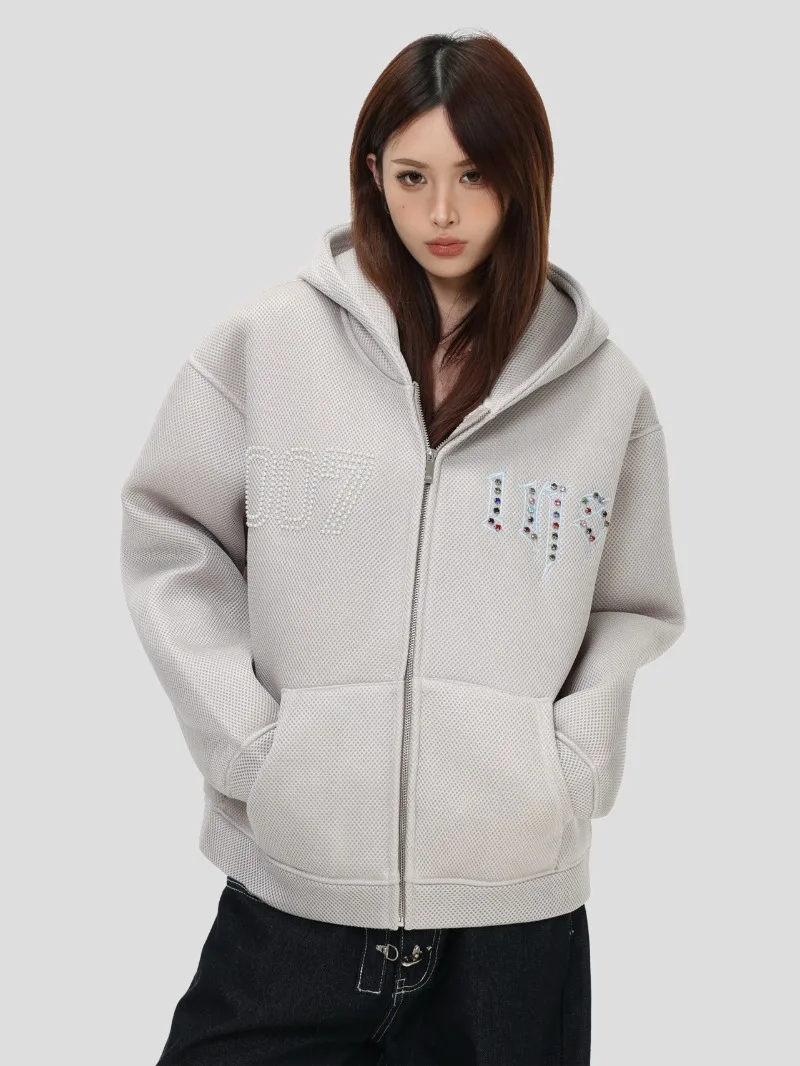 2025 Autumn Winter New American High Street Fashion Trend Hooded Sweatshirt Loose Casual Fleece Cardigan Jacket Unisex