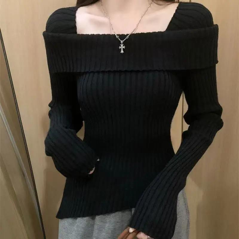 Solid Sexy Slim Off Shoulder Slash Neck Long Sleeve Knitting Sweater Women Jumpers Office Fashion New