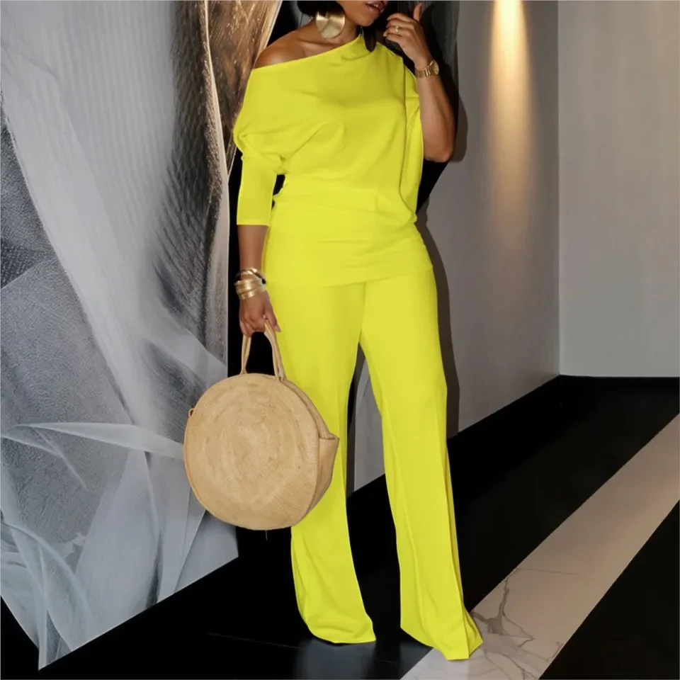 

Spring Autumn New Fashion Oblique Shoulder Shirt T-shirt Trousers Women 2piece Slim Wide Leg Trousers Elegant Ladies Office Suit